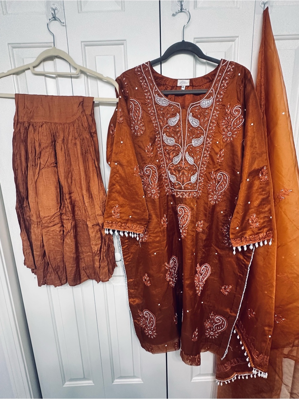 Rust Embroidered Women’s Sharara kameez with dupatta in size 24”